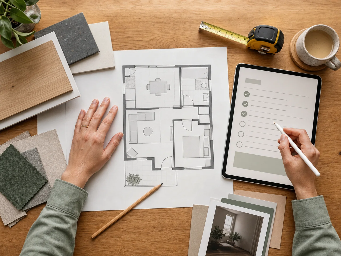 Plans, samples and a digital checklist being organised for a home project