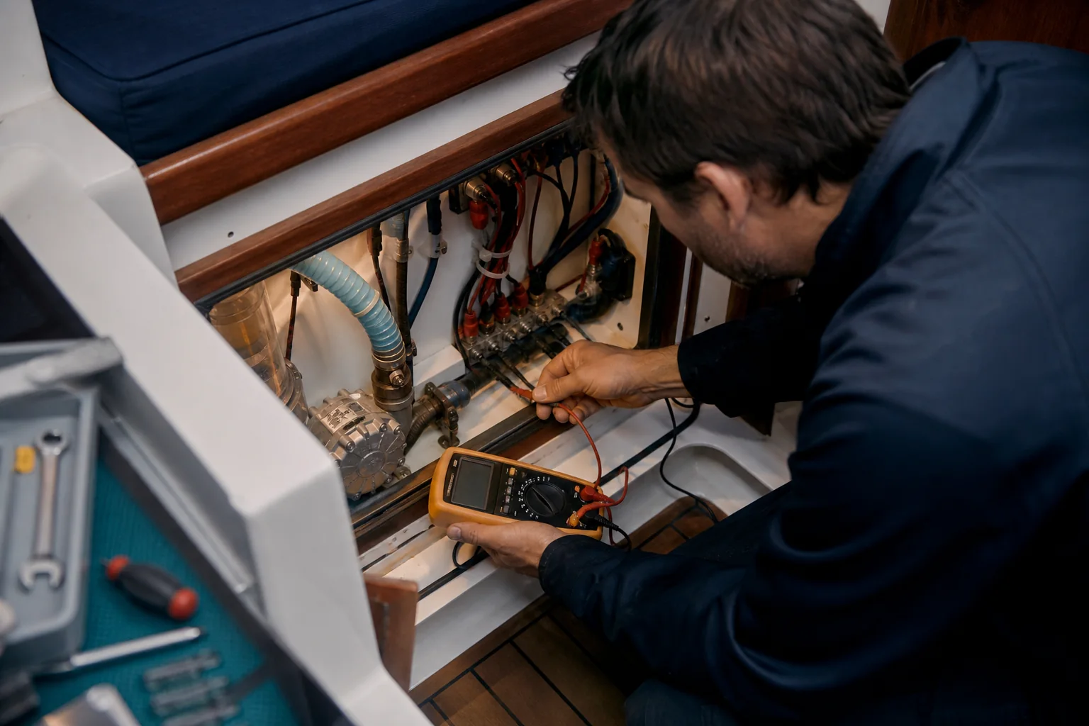A marine engineer diagnosing an onboard pump and low-voltage electrical system