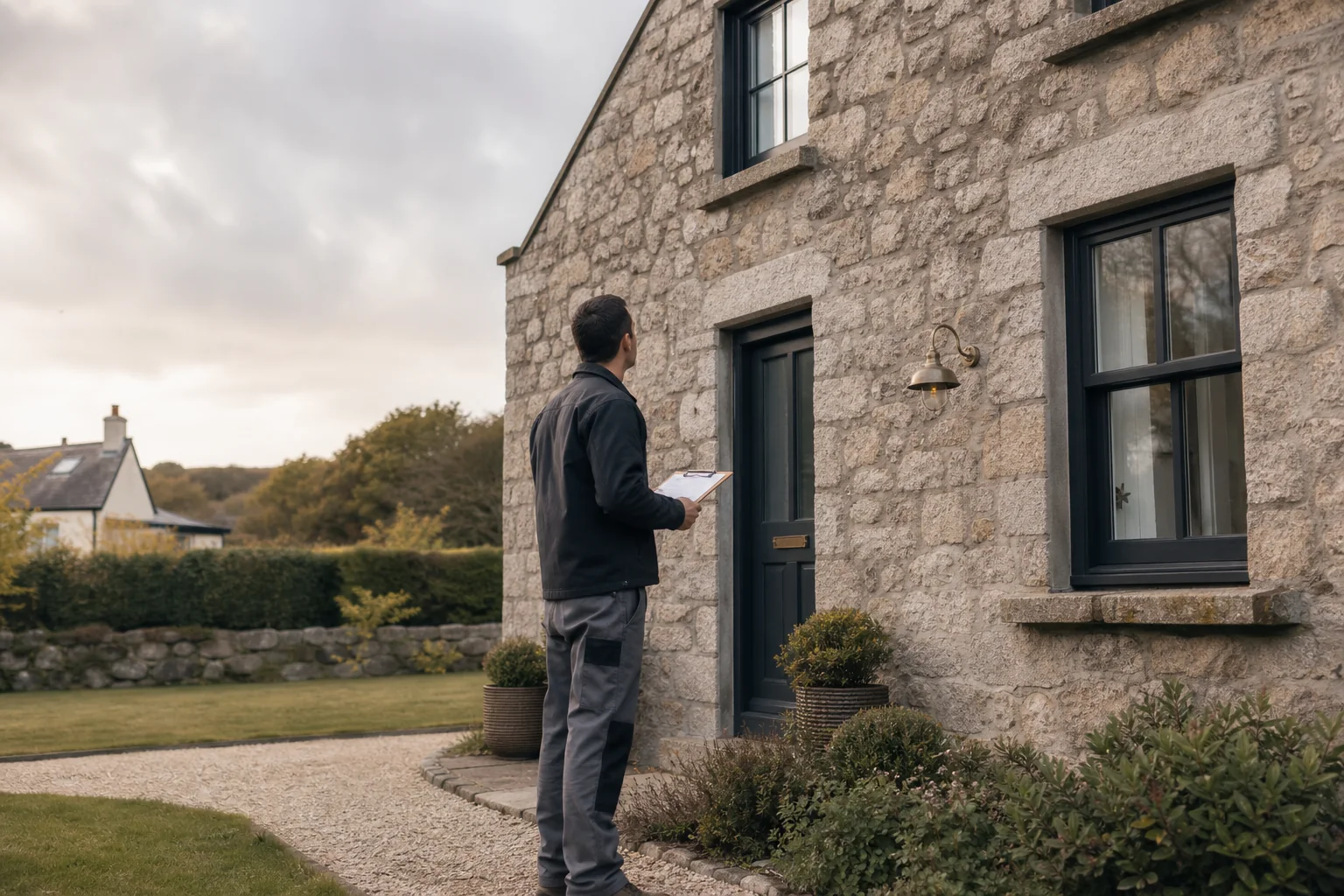 A property professional inspecting a Guernsey stone home
